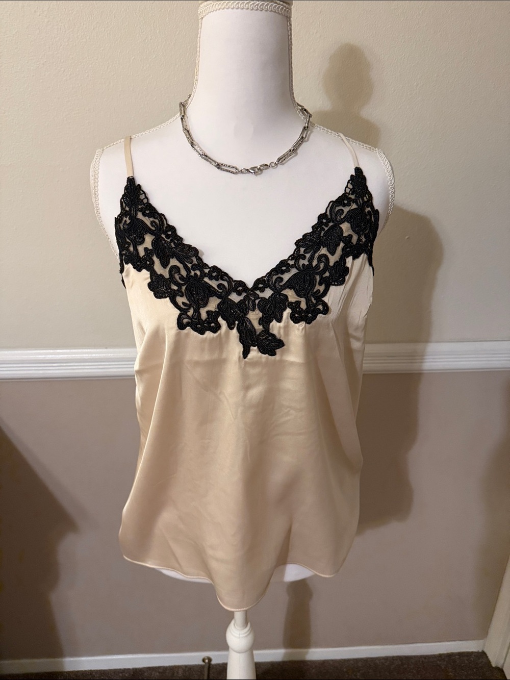 Express Beige Satin Camisole with Black Lace Trim